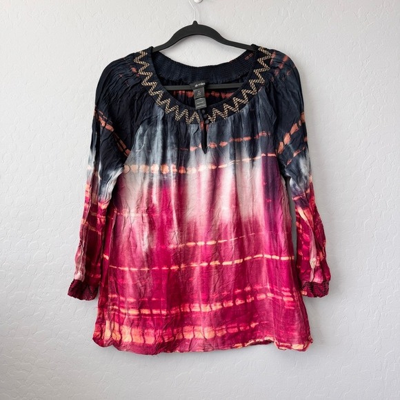 Ali Miles Tops - Ali Miles M Tunic Top Black Magenta Tie Dye Long Sleeve Embroidered Boho Blouse